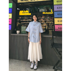 批发实价新中式国风蝴蝶结短袖衬衫女夏季新款小众设计感Polo领上衣服