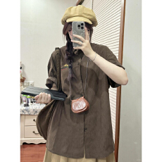 批发实价日系港风简约美拉德短袖衬衫女复古<b class='q'>街头</b>夏宽松bf百搭衬衣外套
