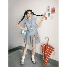 批发实价蓝色系法式条纹抽绳绑带衬衫女2026新款<b class='q'>甜美</b>风小众无袖上衣潮