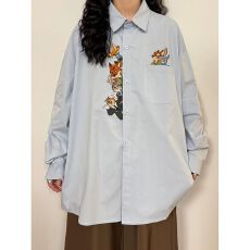 批发实价春夏新款宽松bf美式<b class='q'>街头</b>潮牌情侣上衣蓝色趣味卡通长袖衬衫女