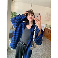 批发实价蓝色格子衬衫女装新款韩系宽松<b class='q'>休闲</b>复古衬衣长袖防晒上衣<b class='q'>外套</b>