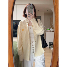 批发实价美式复古黄色条纹Polo领衬衫外套女开<b class='q'>春</b>宽松休闲长袖外搭衬衣