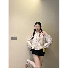 批发实价夏季气质<b class='q'>衬衣</b>新款法式甜美红色波点<b class='q'>衬衫</b>女高级感露肩长袖<b class='q'>衬衫</b>