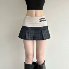批发实价美式学院翻腰撞色拼接格纹<b class='q'>百褶</b>裙2026春新款百搭显瘦半身<b class='q'>短裙</b>