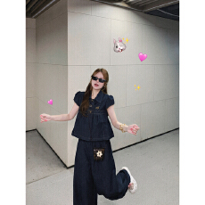 批发实价爆款小个子仿牛仔<b class='q'>衬衫</b>上衣套<b class='q'>装</b>女2026夏季通勤百搭休闲阔腿<b class='q'>裤</b>