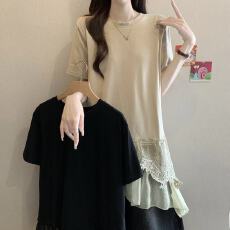 40支酷丝绵1*1大码蕾丝拼接短袖T恤女夏季新款宽松中长款上衣