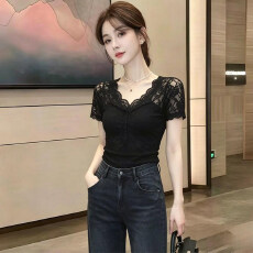 批发人棉260克<b class='q'>大码</b>辣妹v领蕾丝边短袖t恤<b class='q'>女</b>夏新款修身假两件上衣
