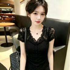 批发人棉260克<b class='q'>大码</b>辣妹v领蕾丝边短袖t恤<b class='q'>女</b>夏新款修身假两件上衣