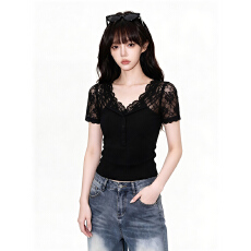 批发人棉260克<b class='q'>大码</b>辣妹v领蕾丝边短袖t恤<b class='q'>女</b>夏新款修身假两件上衣