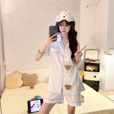 批发馨依 夏季新款睡衣女士云朵棉短袖三件套翻领短袖长裤家居服套装