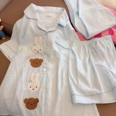 批发馨依 夏季新款睡衣女士云朵棉短袖三件套翻领短袖长裤家居服套装