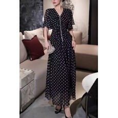 批发复古印花波点V领拉链收腰短袖<b class='q'>连衣裙</b>长裙子 外贸大码女装欧美ins