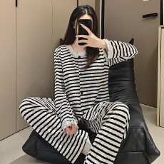 美贻网批黑白条纹春秋新款开衫色织布睡衣带固定胸垫家居服