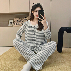 美贻网批灰白条纹春秋新款开衫色织布睡衣带固定胸垫家居服