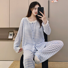 美贻网批蓝白条纹春秋新款开衫色织布睡衣带固定胸垫家居服