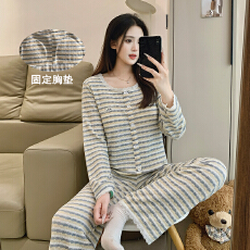 美贻网批灰黄条纹春秋新款套头款色织皱布睡衣女带固定胸垫家居服