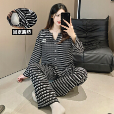 美贻网批黑色条纹春秋新款V领款色织皱布睡衣女带固定胸垫家居服