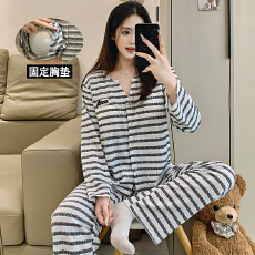 美贻网批灰白条纹春秋新款V领款色织皱布睡衣女带固定胸垫家居服