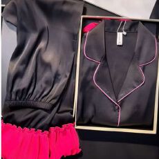 批发黑色粉绳子春秋季爆款水光绸冰雪丝长袖<b class='q'>睡衣</b>女翻领开衫长袖家居服