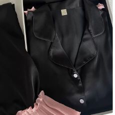 批发黑色春秋季爆款水光绸高档冰雪丝长袖<b class='q'>睡衣</b>女翻领开衫长袖家居服