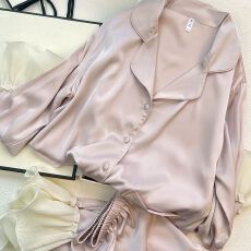 批发粉色春秋季爆款水光绸高档冰雪丝长袖<b class='q'>睡衣</b>女翻领开衫长袖家居服