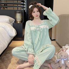 批发绿色纯棉网红纯色提花<b class='q'>长袖</b>春秋<b class='q'>睡衣</b>女学生甜美花边大码薄款家居服