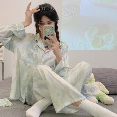 批发仿棉网红ins风波纹睡衣<b class='q'>女</b>春秋可外穿长袖<b class='q'>长裤</b>休闲家居服套装