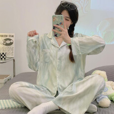 批发仿棉网红ins风波纹睡衣<b class='q'>女</b>春秋可外穿长袖<b class='q'>长裤</b>休闲家居服套装