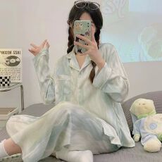 批发仿棉网红ins风波纹睡衣<b class='q'>女</b>春秋可外穿长袖<b class='q'>长裤</b>休闲家居服套装