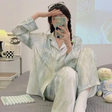 批发仿棉网红ins风波纹睡衣<b class='q'>女</b>春秋可外穿长袖<b class='q'>长裤</b>休闲家居服套装