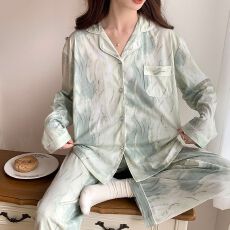 批发仿棉网红ins风波纹睡衣<b class='q'>女</b>春秋可外穿长袖<b class='q'>长裤</b>休闲家居服套装