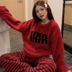 批发夜眠睡衣女秋冬季半边绒加厚大码长袖长裤软绵绵家居服套装