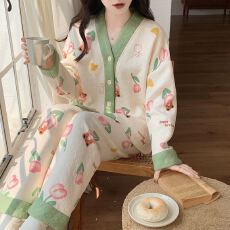 批发夜眠空气棉夹层睡衣女冬季长袖长裤可爱甜美开衫家居服<b class='q'>套装</b>