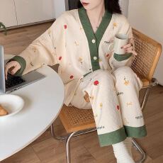 批发夜眠空气棉夹层睡衣女冬季长袖长裤可爱甜美开衫家居服<b class='q'>套装</b>