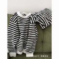 批发夜眠韩版软糯条纹半边绒睡衣女冬季加厚保暖直播爆款家居<b class='q'>套装</b>