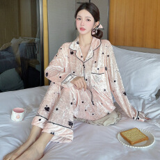 批发夜眠金丝绒睡衣女秋冬开衫翻领高级甜美长袖砖石绒家居服<b class='q'>套装</b>