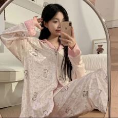 批发夜眠<b class='q'>金丝</b>绒睡衣<b class='q'>女</b>秋冬开衫翻领高级甜美长袖砖石绒家居服套装