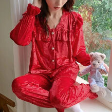 批发夜眠钻石<b class='q'>金丝</b>绒睡衣<b class='q'>女</b>春秋季新款蕾丝花边开衫长袖家居服套装