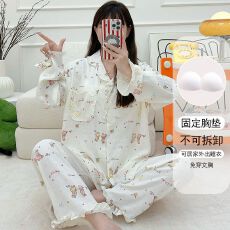 批发春秋季带胸垫木耳边云朵棉卡通睡衣<b class='q'>女</b>开衫长袖长裤翻领家居服<b class='q'>套装</b>