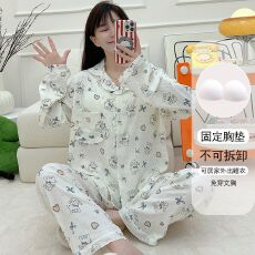 批发春秋季带胸垫木耳边云朵棉卡通睡衣<b class='q'>女</b>开衫长袖长裤翻领家居服<b class='q'>套装</b>