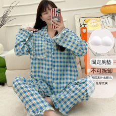 批发春秋季带胸垫木耳边云朵棉卡通睡衣<b class='q'>女</b>开衫长袖长裤翻领家居服<b class='q'>套装</b>