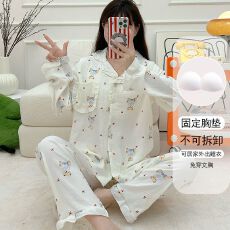 批发春秋季带胸垫木耳边云朵棉卡通睡衣<b class='q'>女</b>开衫长袖长裤翻领家居服<b class='q'>套装</b>