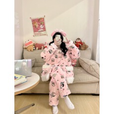批发冬季新款<b class='q'>卡通</b>三层夹棉开衫长裤套装加绒内加厚保暖居家外穿睡衣女