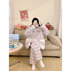 批发冬季新款<b class='q'>卡通</b>三层夹棉开衫长裤套装加绒内加厚保暖居家外穿睡衣女