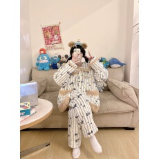 批发冬季新款<b class='q'>卡通</b>三层夹棉开衫长裤套装加绒内加厚保暖居家外穿睡衣女