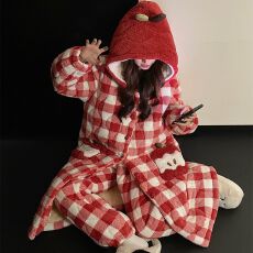 批发冬季新款卡通夹棉开衫长袍长裤套装 睡衣女