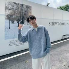 韩版假两件翻领套头针织衫长袖男秋季宽松纯色休闲毛衣