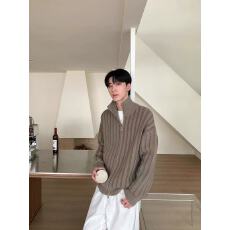 立领拉链细闪亮片设计针织开衫男秋冬简约宽松上衣男