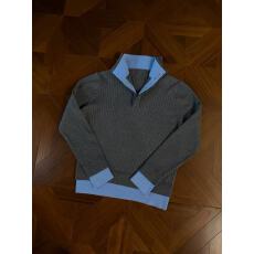 批发灰色拼接蓝色假两件修身针织<b class='q'>毛衣</b>假两件cleanfit双层领长袖