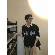 批发阿尔盖菱格开衫混纺绒感翻领针织衫老钱秋冬复古<b class='q'>毛衣</b>男女同款